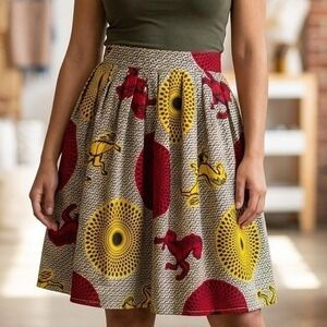 Handmade Unique Rare African Wax Print Horse Sunburst Pleated Midi Skirt No Tag